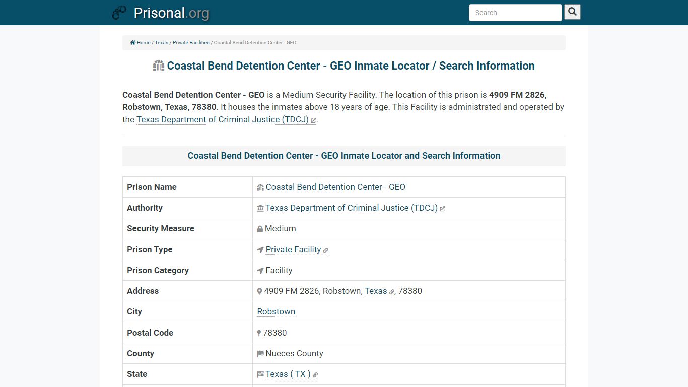 Coastal Bend Detention Center - GEO-Inmate Locator/Search ...